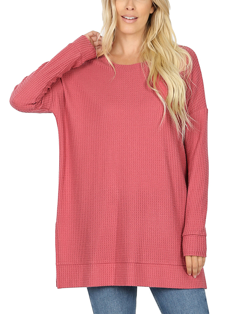 KOGMO Women's Loose Fit Brushed Thermal Waffle Round Neck Sweater