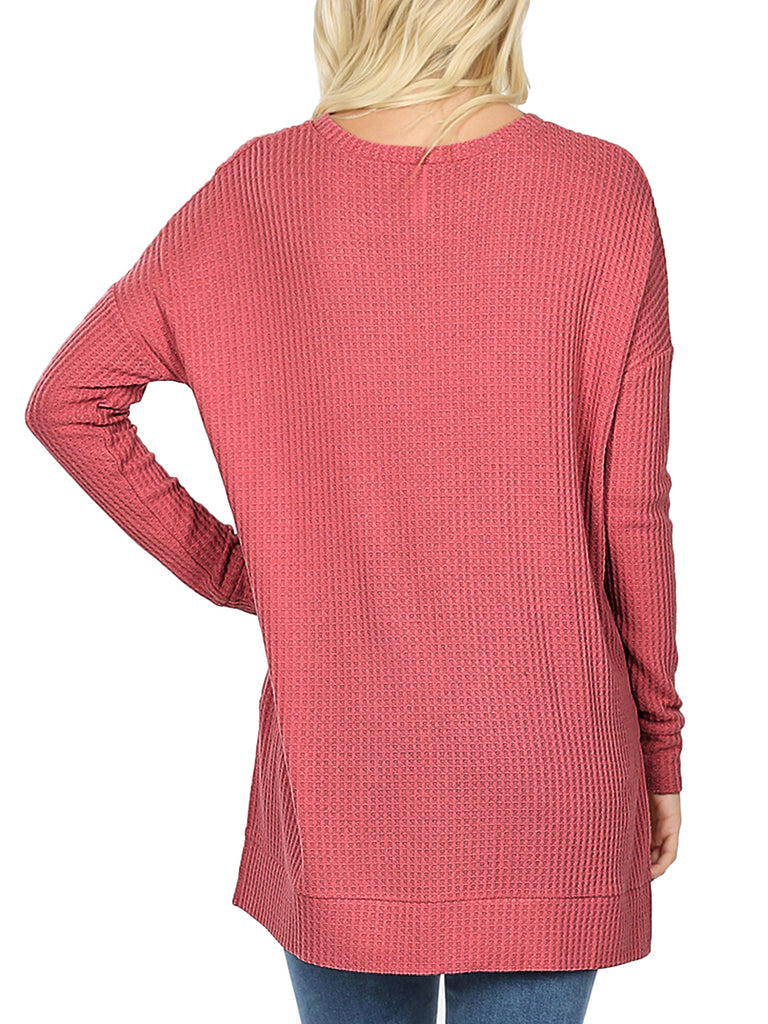 KOGMO Women's Loose Fit Brushed Thermal Waffle Round Neck Sweater