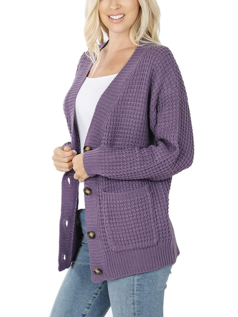 KOGMO Women's Waffle Knit Sweater Cardigans with Buttons and Pockets