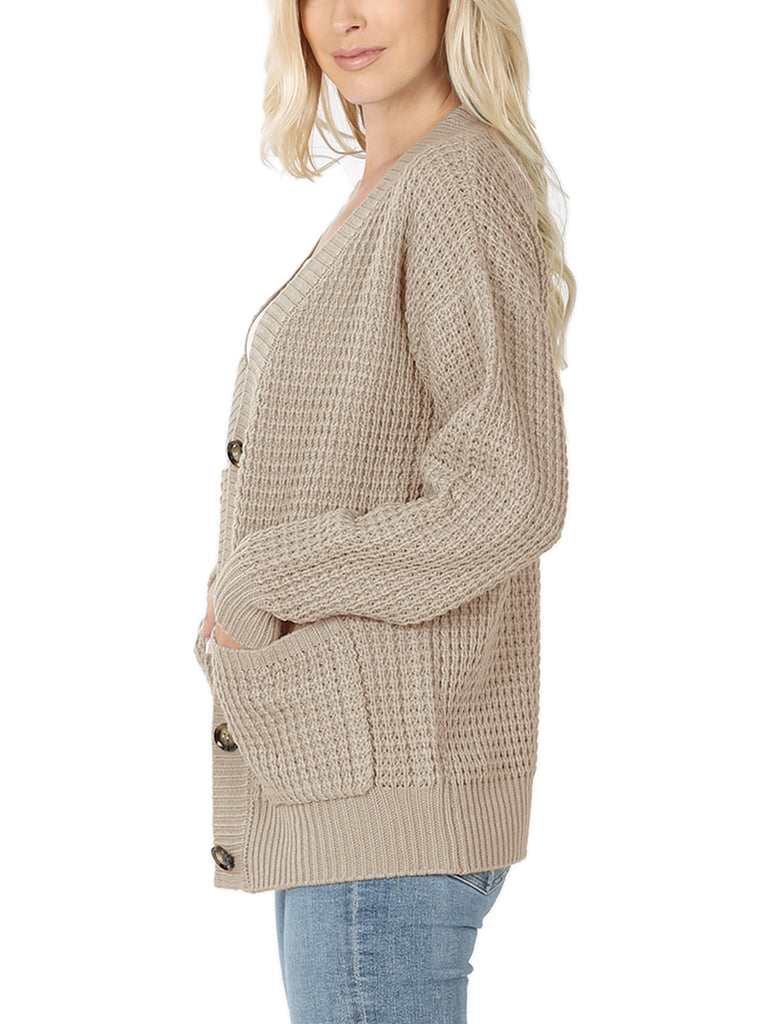 KOGMO Women's Waffle Knit Sweater Cardigans with Buttons and Pockets