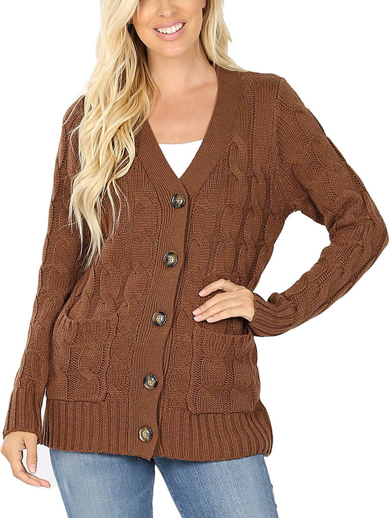 KOGMO Women's Cable Knit Sweater Cardigans with Buttons and Pockets