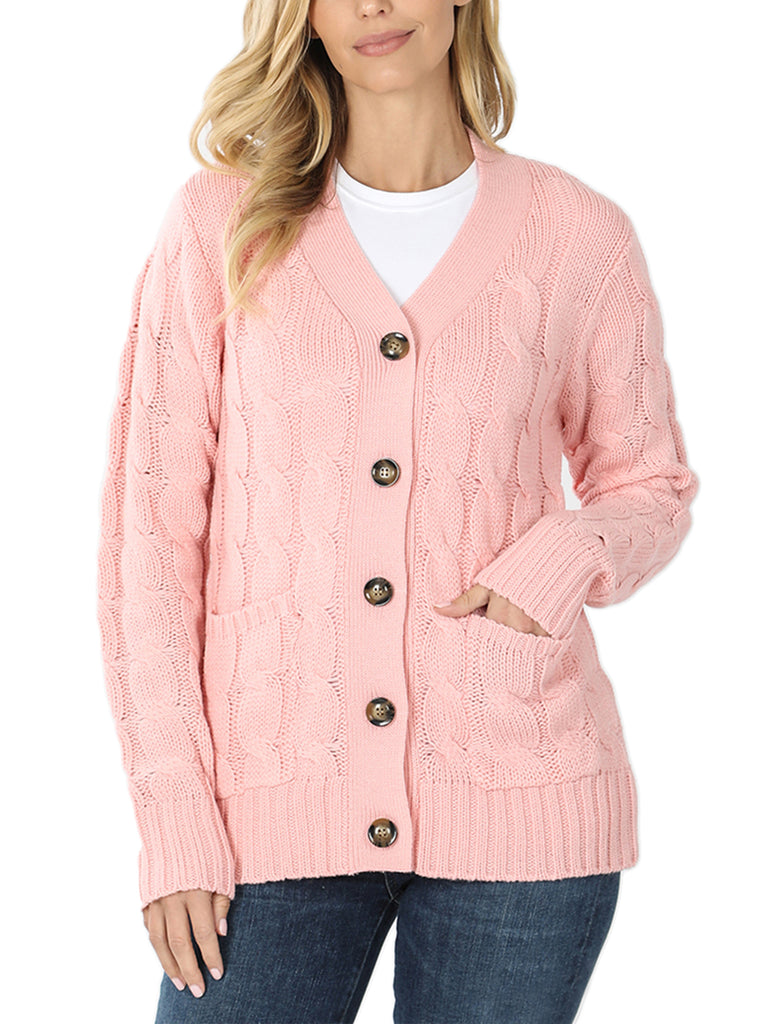KOGMO Women's Cable Knit Sweater Cardigans with Buttons and Pockets