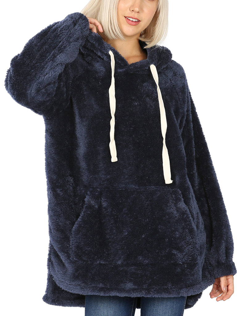 KOGMO Women's Soft Faux Fur Hoodie Sweater with Kangaroo Pockets
