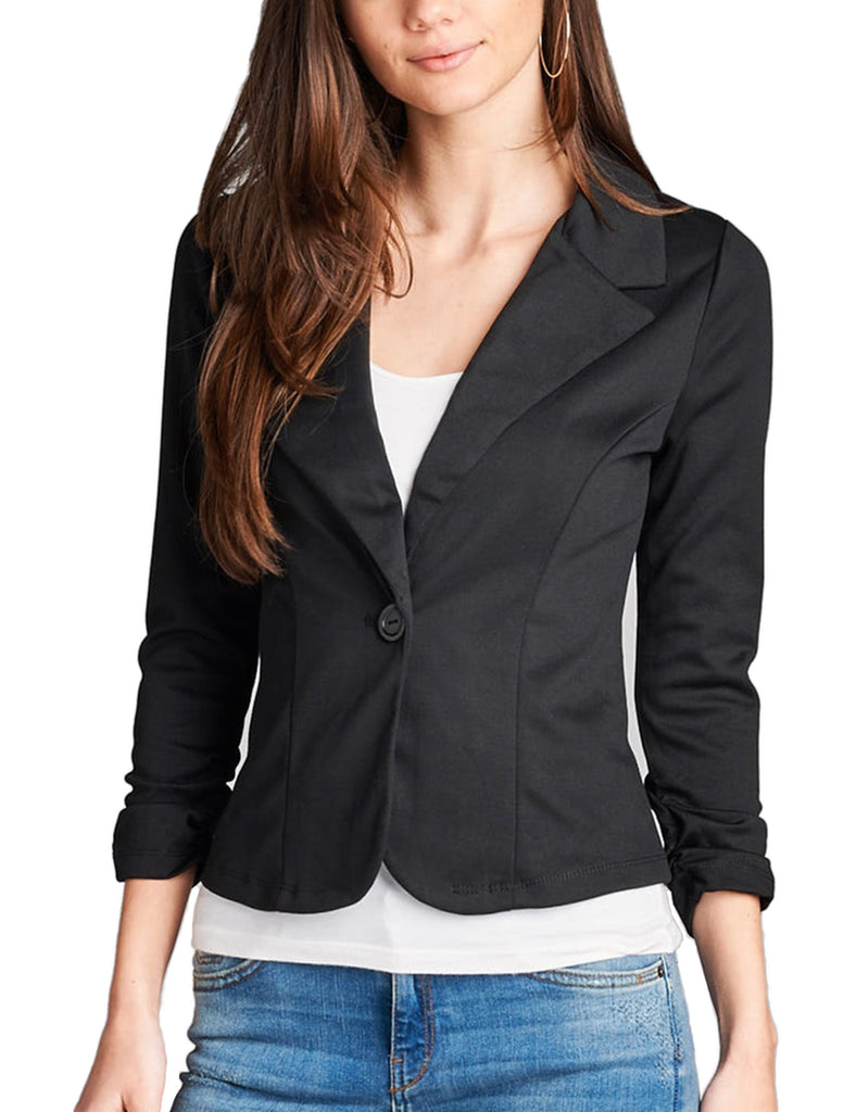 Womens Classic 3/4 Shirring Sleeve Solid Color Casual Blazer