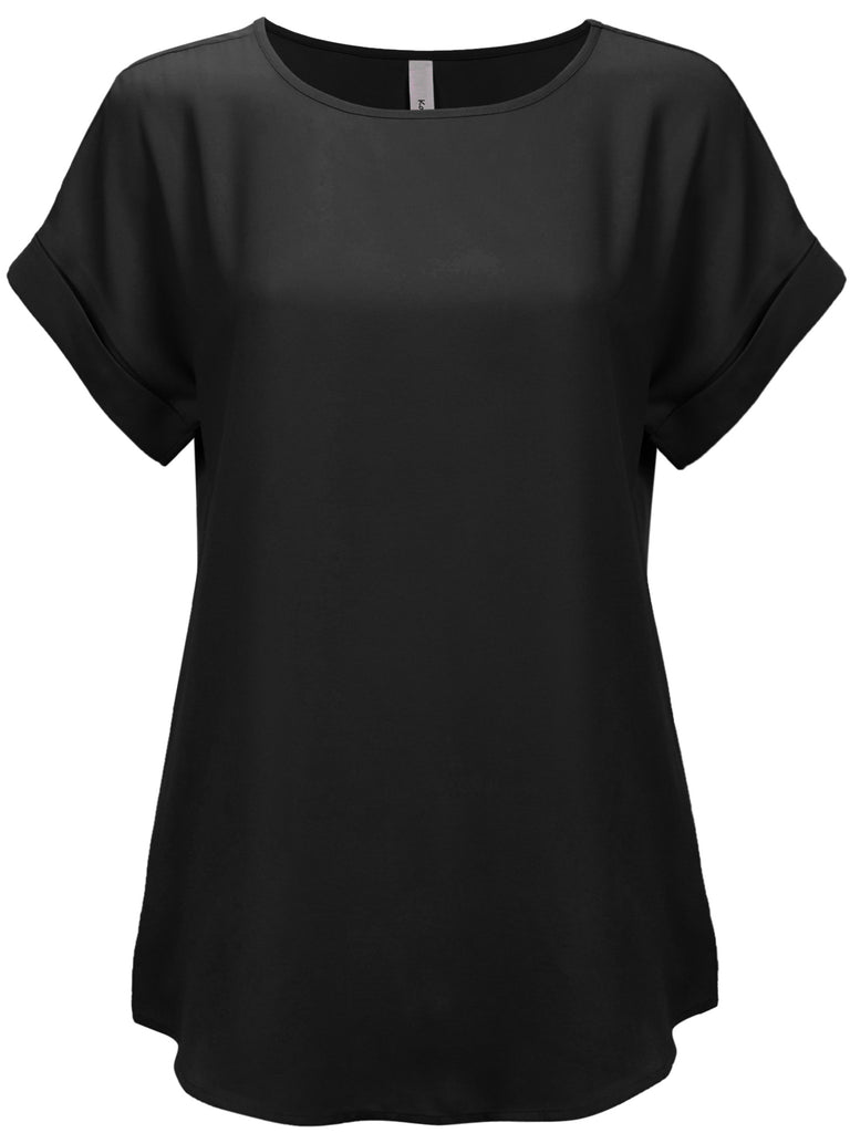KOGMO Women's Short Sleeve Boat Neck Solid Woven Top Tee (S-3X)