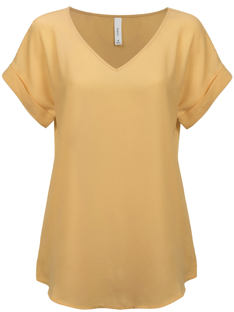 KOGMO Women's Short Sleeve V Neck Solid Woven Top Tee (S-3X)